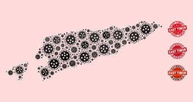 Doğu Timor Haritası ve Grunge Mühürleri Salgın Kolajı