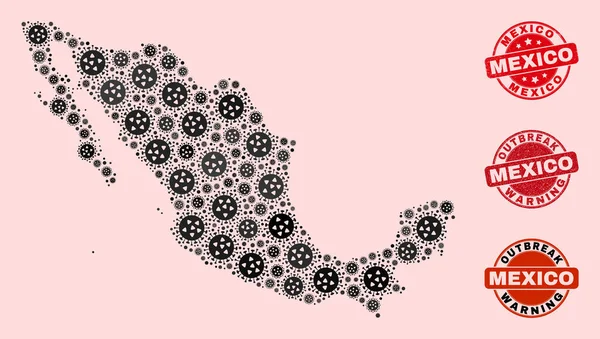 Colagem de Vírus de Mosaico México Mapa e Selos Arranhados — Vetor de Stock