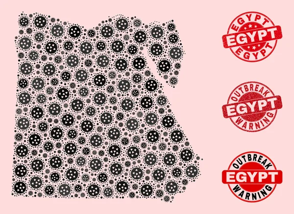 Mozaik Mısır Virüs Kolajı Harita ve Grunge Mühürleri — Stok Vektör