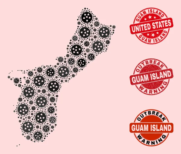 Composición Virus de Mosaico Guam Island Mapa y Sellos Texturizados — Vector de stock