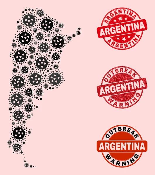 Composición Virus de Mosaico Argentina Mapa y Sellos Rascados — Vector de stock