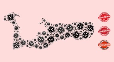 Mozaik Büyük Cayman Adası Haritası ve Yapılandırılmış Damgaların Kapsamlı Kilitleme Kompozisyonu