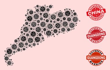 Mozaik Guangdong Vilayet Haritası ve Grunge Damgalarının Virüs Bileşimi