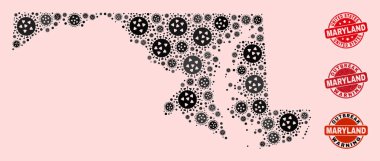 Mozaik Maryland Eyalet Haritası Virüs Kolajı ve Dokulu Mühür Damgaları