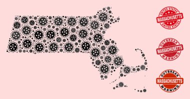 Mozaik Massachusetts Devlet Haritası ve Tehlike Damgaları Grip Virüsü Kolajı
