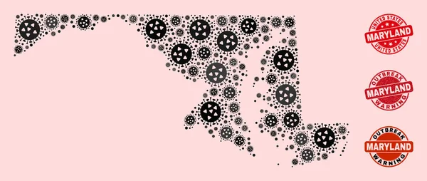 Mozaik Maryland Eyalet Haritası Virüs Kolajı ve Dokulu Mühür Damgaları