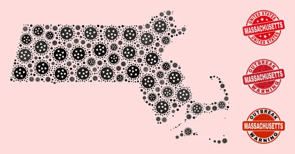 Mozaik Massachusetts Devlet Haritası ve Tehlike Damgaları Grip Virüsü Kolajı