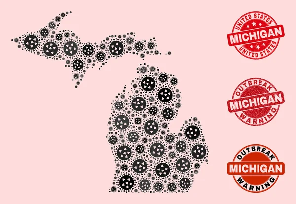 Covid Lockdown Composição de Mosaic Mapa do Estado de Michigan e Selos Grunge — Vetor de Stock