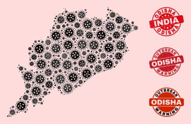 Mozaik Odisha Eyalet Haritası ve Tehlike Damgaları 'nın Kapsamlı Kilitleme Kompozisyonu
