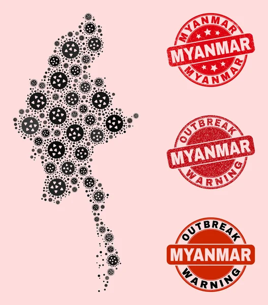 Mozaik Myanmar Harita ve Tehlike Mühürlerinin Virüs Bileşimi — Stok Vektör