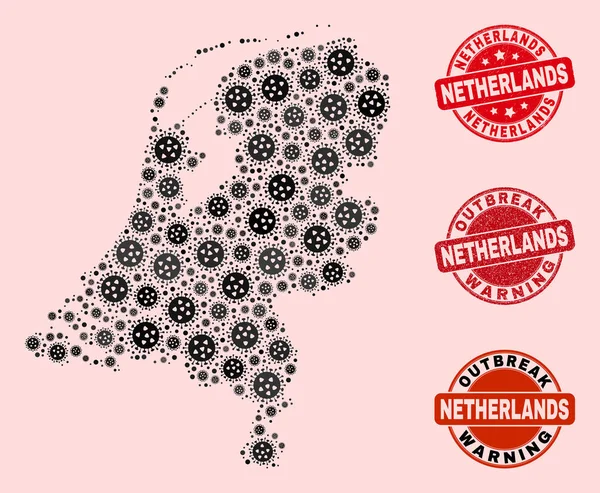 Colagem de Vírus de Mosaico Mapa Holanda e Selos Texturizados — Vetor de Stock