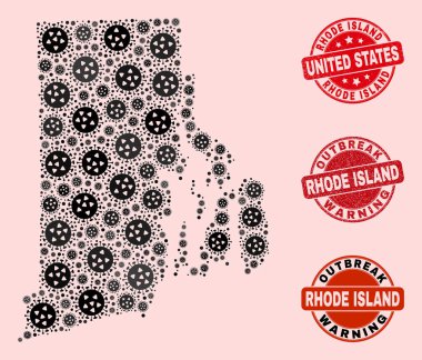 Rhode Island Eyalet Haritası ve Grunge Damgaları Mozaik Kilitleme Kolajı