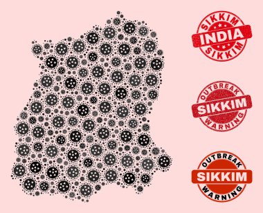 Mozaik Sikkim Devlet Haritası ve Tehlike Damgaları Grip Virüsü Kolajı