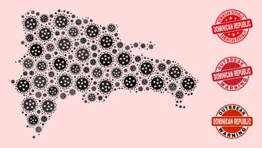 Mozaik Dominik Cumhuriyeti Haritası ve Dokulu Mühür Damgaları Kolajı
