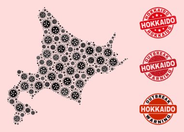 Mozaik Hokkaido Haritası ve Grunge Damgaları Virüs Kolajı