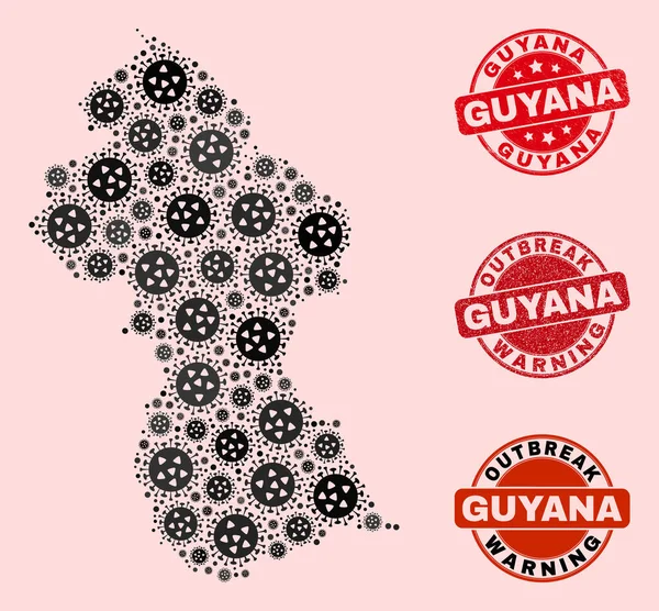 Virus de la Gripe Collage de Mosaico Guyana Mapa y arañazos Sellos — Vector de stock