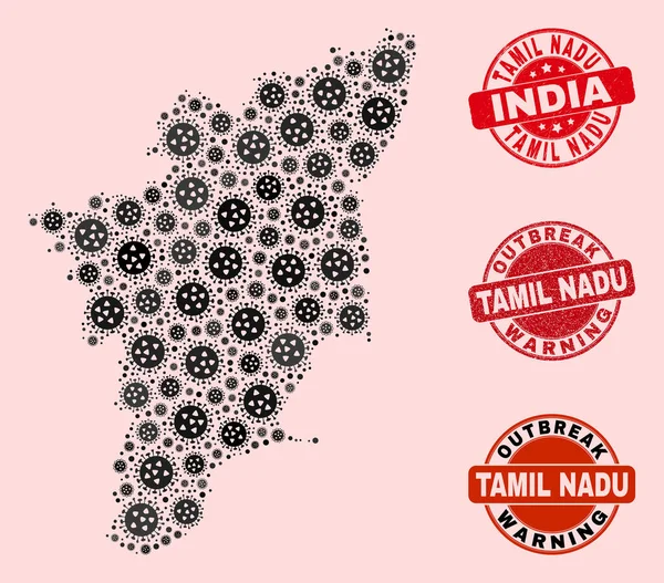Composição de Vírus de Mosaico Tamil Nadu Mapa do Estado e Selos Arranhados — Vetor de Stock