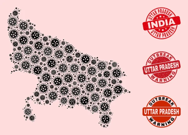 Covid Lockdown Composición de Mosaico Uttar Pradesh Mapa del Estado y Sellos Texturizados — Vector de stock