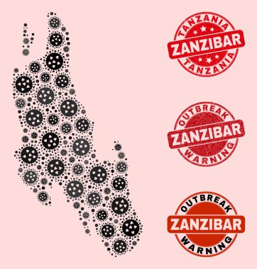 Mozaik Zanzibar Adası Harita ve Grunge Pullarının Grip Virüsü Bileşimi