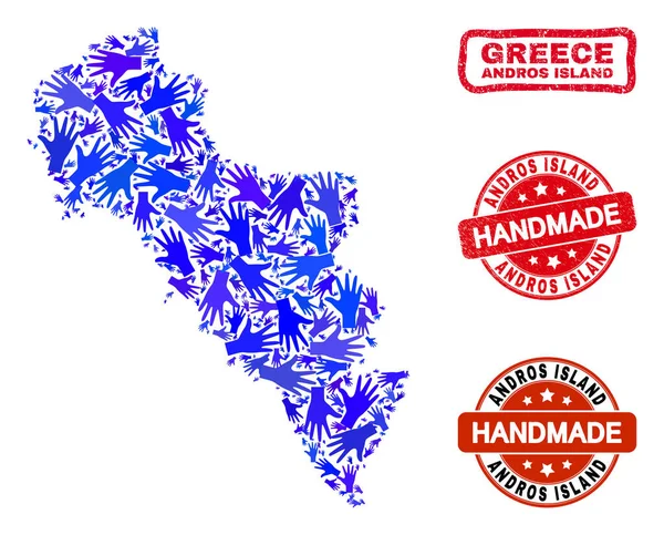 Composição manual de Andros Island of Greece Mapa e Grunge Selos artesanais — Vetor de Stock