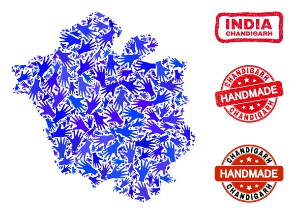 Collage de mano del mapa de la ciudad de Chandigarh y sellos hechos a mano con textura — Vector de stock