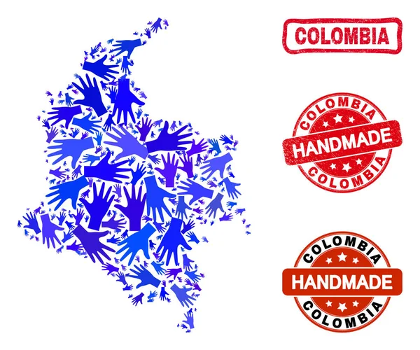 Composição de Mão da Colômbia Mapa e Selos Artesanais Arranhados — Vetor de Stock