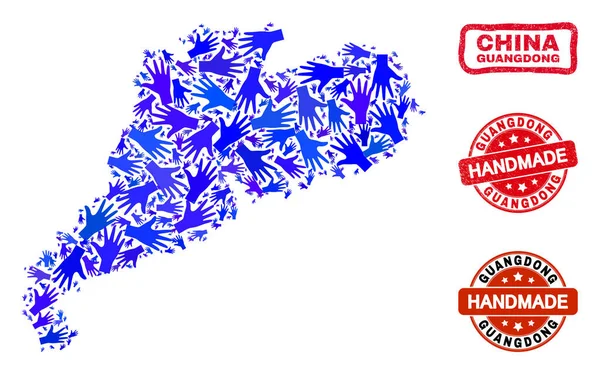 Collage de mano de la provincia de Guangdong Mapa y arañazos Sellos hechos a mano — Vector de stock