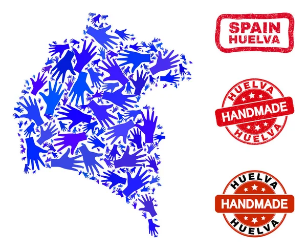 Κολάζ χέρι της Huelva χάρτη της επαρχίας και υφή χειροποίητα γραμματόσημα — Διανυσματικό Αρχείο
