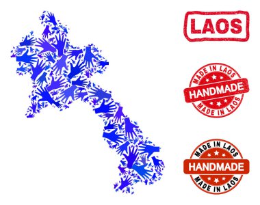 Laos Haritası ve El Yapımı Mühür El Kolajı