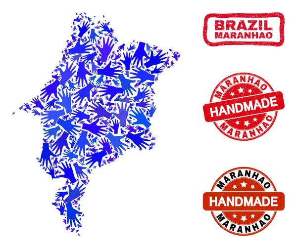 Composição da mão de Maranhão Mapa do Estado e Grunge Selos artesanais — Vetor de Stock