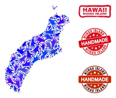 Niihau Adası Haritası ve Grunge El Yapımı Mührü El Kolajı