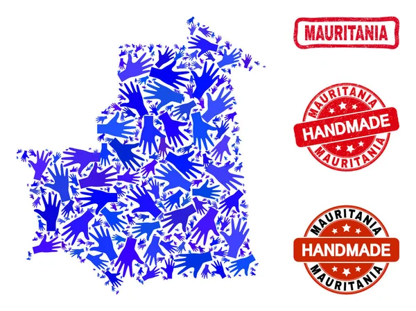 Composición a mano de Mauritania Mapa y angustia Sellos hechos a mano — Vector de stock