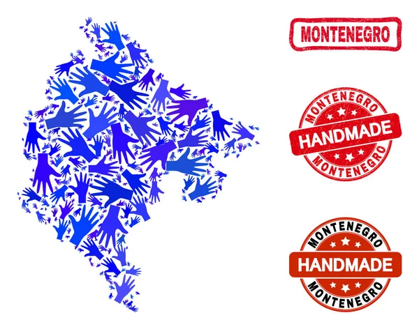 Composição da mão de Montenegro Mapa e texturizado Selos artesanais — Vetor de Stock
