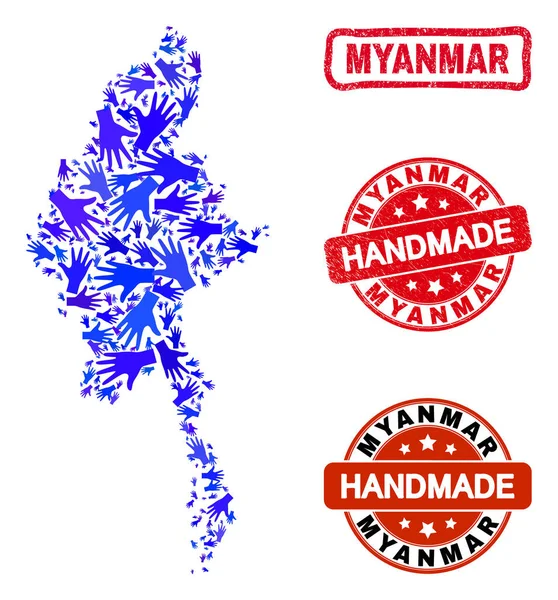 Colagem de Mão de Myanmar Mapa e Selos Artesanais Arranhados — Vetor de Stock