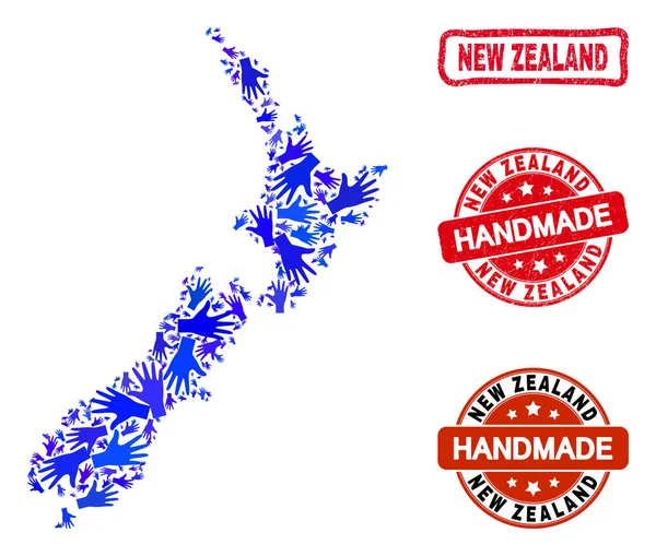 Composição manual do mapa da Nova Zelândia e selos artesanais de angústia — Vetor de Stock