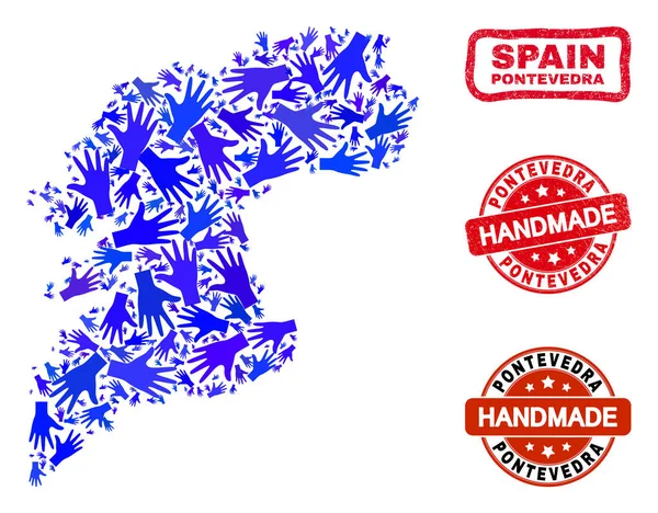 Hand Collage of Pontevedra Province Map and Textured Handmade Stamps — стоковий вектор