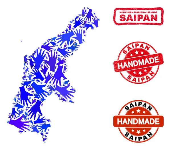 Hand Composition of Saipan Island Map and Distress Handmade Seals — 스톡 벡터