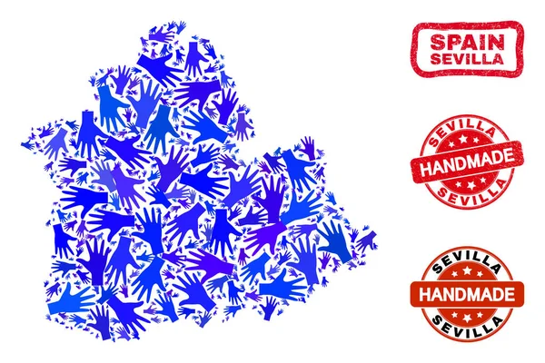 Κολάζ χέρι της επαρχίας Σεβίλλης Χάρτης και Υφή Χειροποίητα σφραγίδες — Διανυσματικό Αρχείο