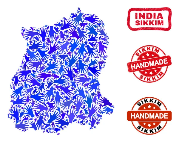 Composição de mão do mapa do estado de Sikkim e carimbos artesanais texturizados — Vetor de Stock