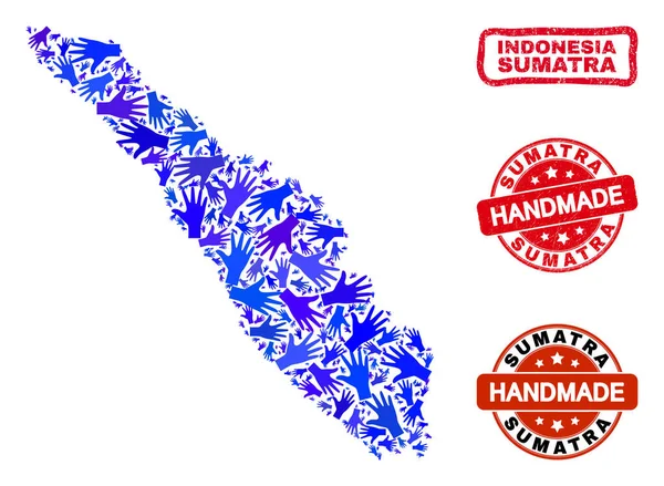 Ręczny skład mapy Sumatry i ręcznie formowane plomby — Wektor stockowy