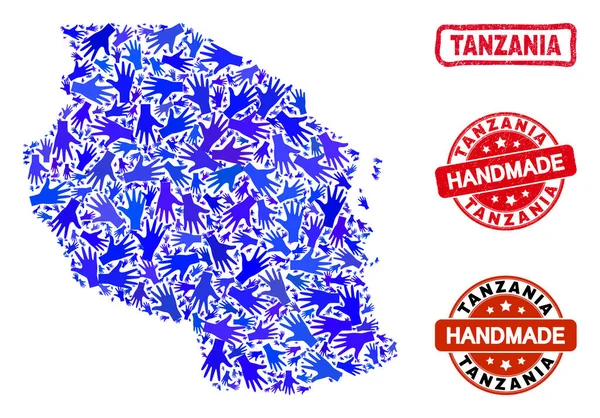 Collage de mano de Tanzania Mapa y Grunge Sellos hechos a mano — Vector de stock