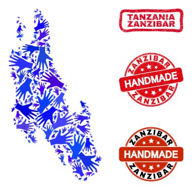 Zanzibar Adası Haritası ve Grunge El Yapımı Mühürlerinin El Kompozisyonu