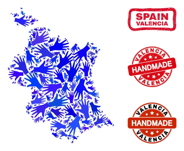 Ручний склад Карти провінції Валенсія і текстуровані печатки ручної роботи — стоковий вектор