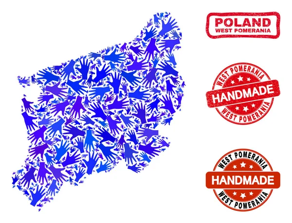 Colagem manual do mapa de voivodia da Pomerânia Ocidental e selos artesanais Grunge — Vetor de Stock