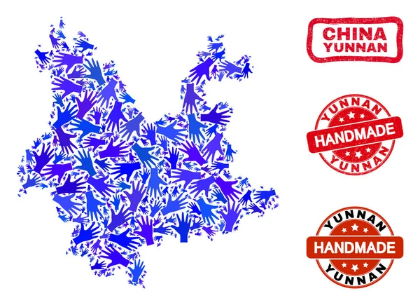 Collage de mano de la provincia de Yunnan Mapa y sellos hechos a mano texturizados — Vector de stock