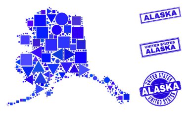 Mavi Geometrik Mozaik Alaska Haritası ve Mühürleri