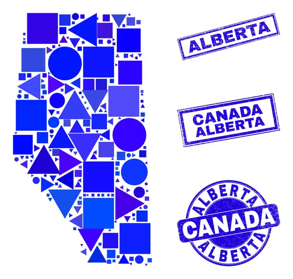 Mosaico Geométrico Azul Provincia de Alberta Mapa y sellos — Vector de stock