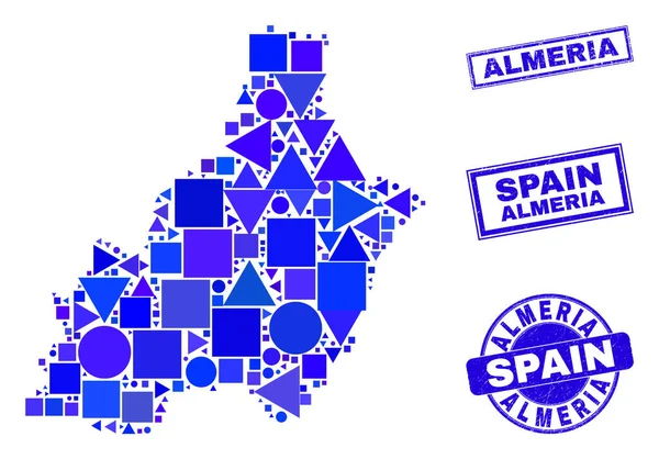 Mapa geométrico azul da província de Almeria mosaico e carimbos — Vetor de Stock