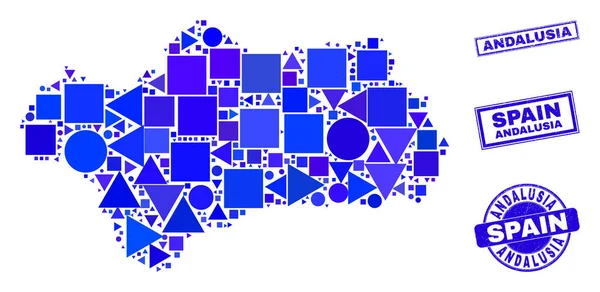 Mapa geométrico azul da província de Andaluzia mosaico e carimbos — Vetor de Stock