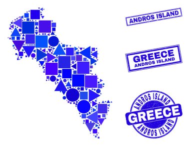 Yunanistan 'ın Mavi Geometrik Mozaik Andros Adası Harita ve Damgalar